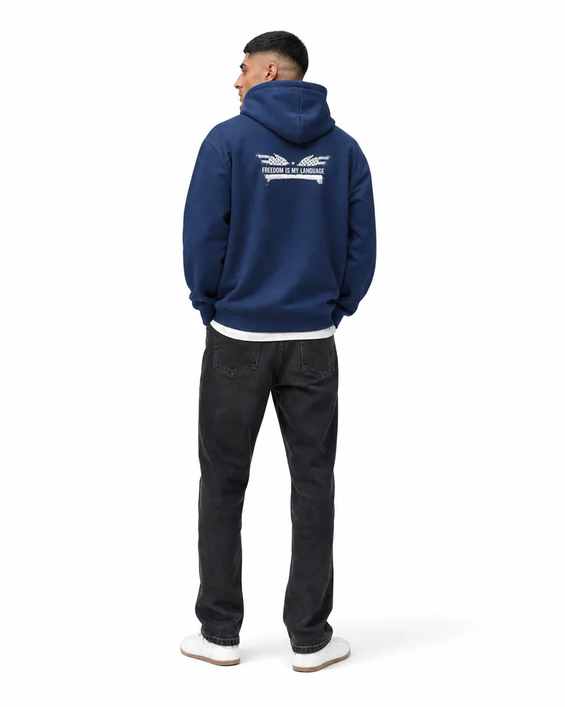 The Architect Hoodie Winged Liberty in Navy, worn, back