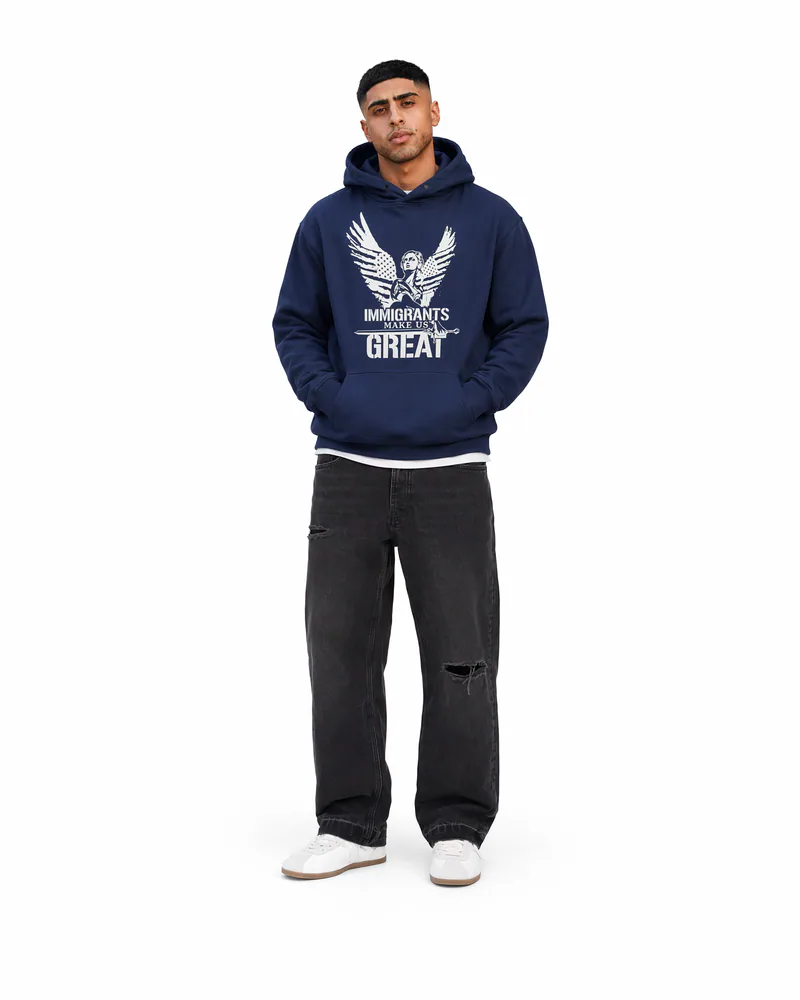 The Architect Hoodie Winged Liberty in Navy, worn, front