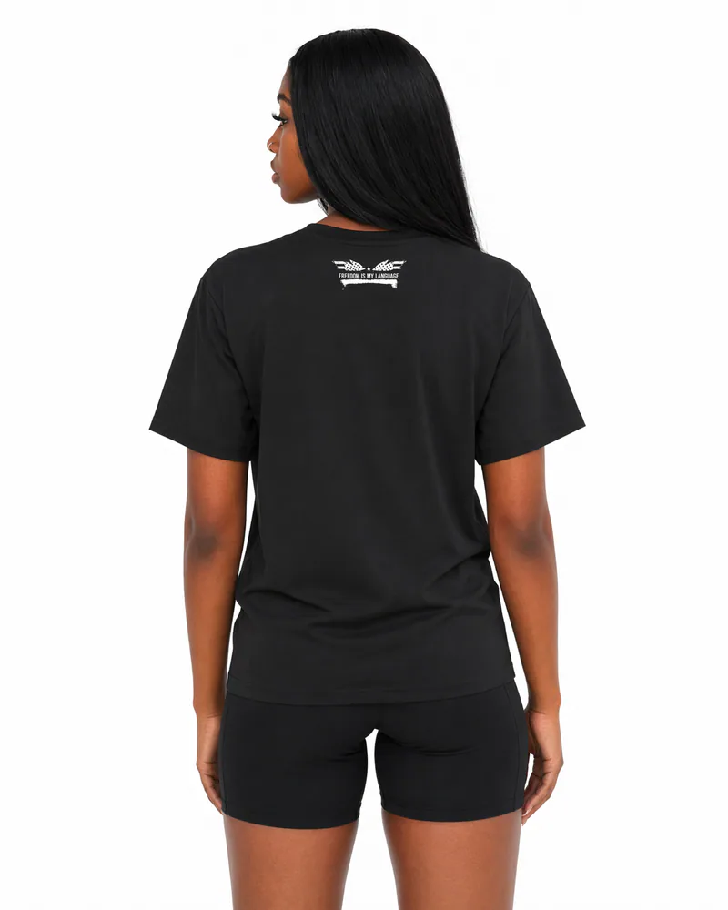 The Foundation Tee Decree in Onyx Black, worn, back