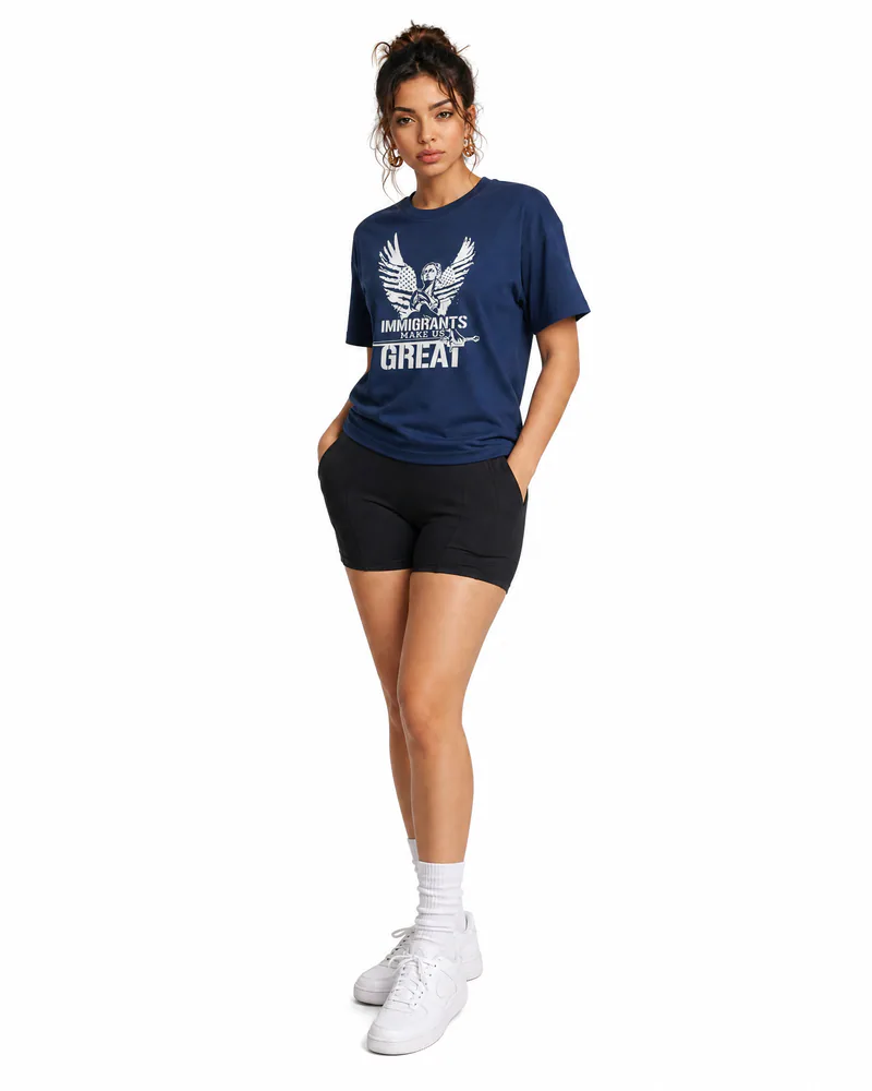 The Foundation Tee Winged Liberty in Navy, worn, three-quarter view