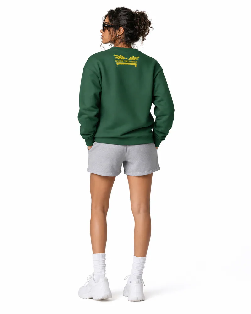 The Sovereign Crewneck Vanguard in Legacy Green, worn, back