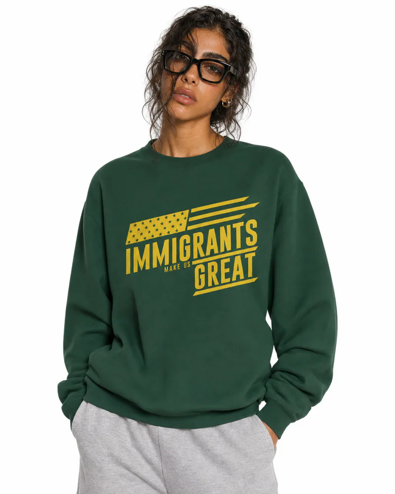 The Sovereign Crewneck Vanguard in Legacy Green, worn, chest detail