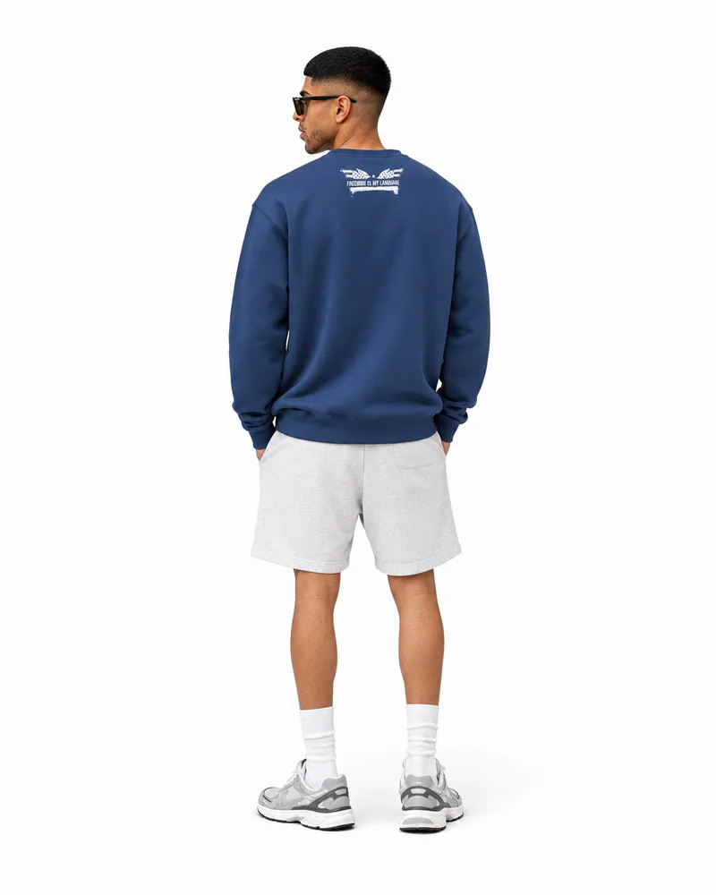 The Sovereign Crewneck Winged Liberty in Navy, worn, back