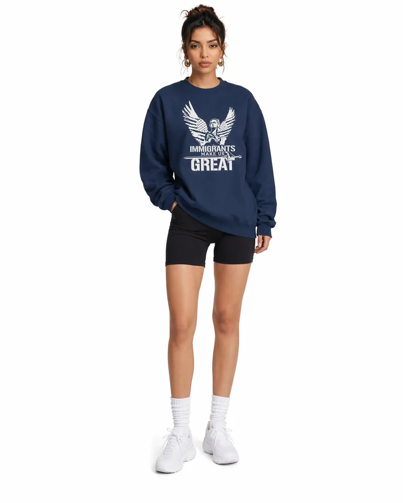 The Sovereign Crewneck Winged Liberty in Navy, worn, front